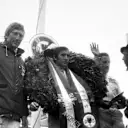 Stewart on the podium, with second-placed Graham Hill (right) and third-placed Jochen Rindt (left) © LAT Photographic