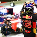 Carlos Sainz Jr of Spain and Scuderia Toro Rosso prepares in the garage during day two of Formula One Winter Testing at Circuit de Catalunya on February 20, 2015 in Montmelo, Spain. Copyright: Toro Rosso