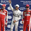 Pole sitter Lewis Hamilton (GBR) Mercedes AMG F1, Sebastian Vettel (GER) Ferrari and Kimi Raikkonen (FIN) Ferrari celebrate in parc ferme at Formula One World Championship, Rd12, Italian Grand Prix, Qualifying, Monza, Italy, Saturday 5 September 2015. &copy; Sutton Motorsport Images