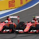 Sebastian Vettel (GER) Ferrari SF15-T and Kimi Raikkonen (FIN) Ferrari SF15-T battle at Formula One World Championship, Rd15, Russian Grand Prix, Race, Sochi Autodrom, Sochi, Krasnodar Krai, Russia, Sunday 11 October 2015. &copy; Sutton Motorsport Images