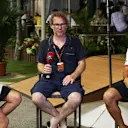 Federica Masolin (ITA) Sky Italia Presenter, Jacques Villeneuve (CDN) Sky Italia and Marc Gene (ESP) Ferrari at Formula One World Championship, Rd13, Singapore Grand Prix, Qualifying, Marina Bay Street Circuit, Singapore, Saturday 19  September 2015. &copy; Sutton Motorsport Images