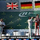 (L to R): Lewis Hamilton (GBR) Mercedes AMG F1, Race winner Nico Rosberg (GER) Mercedes AMG F1 and Sebastian Vettel (GER) Ferrari celebrate on the podium with champagne at Formula One World Championship, Rd1, Australian Grand Prix, Race, Albert Park, Melbourne, Australia, Sunday 20 March 2016. &copy; Sutton Motorsport Images