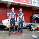 Romain Grosjean (FRA) Haas F1 and Esteban Gutierrez (MEX) Haas F1 with the Haas VF-16 at Formula One Testing, Day One, Barcelona, Spain, Monday 22 February 2016. &copy; Sutton Motorsport Images