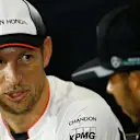 Jenson Button (GBR) McLaren and Lewis Hamilton (GBR) Mercedes AMG F1 in the Press Conference at Formula One World Championship, Rd10, British Grand Prix, Preparations, Silverstone, England, Thursday 7 July 2016. &copy; Sutton Images