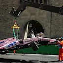 The crashed car of Sergio Perez (MEX) Force India VJM10 is recovered in FP1 at Formula One World Championship, Rd8, Azerbaijan Grand Prix, Practice, Baku City Circuit, Baku, Azerbaijan, Friday 23 June 2017. © Sutton Images