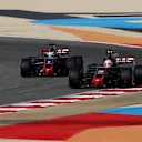 Kevin Magnussen (DEN) Haas VF-17 and Romain Grosjean (FRA) Haas VF-17 at Formula One World Championship, Rd3, Bahrain Grand Prix Qualifying, Bahrain International Circuit, Sakhir, Bahrain, Saturday 15 April 2017. © Sutton Motorsport Images