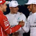 Sebastian Vettel (GER) Ferrari, pole sitter Valtteri Bottas (FIN) Mercedes AMG F1 and Lewis Hamilton (GBR) Mercedes AMG F1 celebrate in parc ferme at Formula One World Championship, Rd3, Bahrain Grand Prix Qualifying, Bahrain International Circuit, Sakhir, Bahrain, Saturday 15 April 2017. © Sutton Motorsport Images