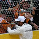 Lewis Hamilton (GBR) Mercedes AMG F1 celebrates in parc ferme and signs autographs for the fans at Formula One World Championship, Rd12, Belgian Grand Prix, Qualifying, Spa Francorchamps, Belgium, Saturday 26 August 2017. © Sutton Images