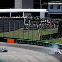 Romain Grosjean (FRA) Haas VF-17 and Esteban Ocon (FRA) Force India VJM10 collide on lap one at Formula One World Championship, Rd19, Brazilian Grand Prix, Race, Interlagos, Sao Paulo, Brazil, Sunday 12 November 2017. © Glenn Dunbar/LAT/Sutton Images
