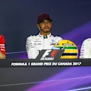 Sebastian Vettel (GER) Ferrari, Pole sitter Lewis Hamilton (GBR) Mercedes AMG F1 and Valtteri Bottas (FIN) Mercedes AMG F1 in the Press Conference with the helmet of Ayrton Senna at Formula One World Championship, Rd7, Canadian Grand Prix, Qualifying, Montreal, Canada, Saturday 10 June 2017. © Sutton Motorsport Images