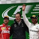 Vettel (GER), Costa (ITA), Hamilton (GBR) and Verstappen (NED) celebrate on the podium at Formula One World Championship, Rd2, Chinese Grand Prix, Race, Shanghai, China, Sunday 9 April 2017. © Sutton Motorsport Images