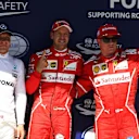 Valtteri Bottas (FIN) Mercedes AMG F1, pole sitter Sebastian Vettel (GER) Ferrari and Kimi Raikkonen (FIN) Ferrari celebrate in parc ferme at Formula One World Championship, Rd11, Hungarian Grand Prix, Qualifying, Hungaroring, Hungary, Saturday 29 July 2017. © Sutton Images