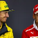 Nico Hulkenberg (GER) Renault Sport F1 Team and Sebastian Vettel (GER) Ferrari in the Press Conference at Formula One World Championship, Rd11, Hungarian Grand Prix, Preparations, Hungaroring, Hungary, Thursday 27 July 2017. © Sutton Images