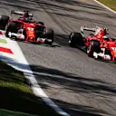 Sebastian Vettel (GER) Ferrari SF70-H and Kimi Raikkonen (FIN) Ferrari SF70-H battle at Formula One World Championship, Rd13, Italian Grand Prix, Race, Monza, Italy, Sunday 3 September 2017. © Sutton Images