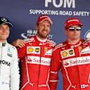 (L to R): Bottas Mercedes, pole sitter Vettel Ferrari and Raikkonen Ferrari celebrate at Formula One World Championship, Rd4, Russian Grand Prix, Qualifying, Sochi Autodrom, Sochi, Krasnodar Krai, Russia, Saturday 29 April 2017. © Sutton Motorsport Images
