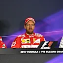 (L to R): Raikkonen Ferrari, Vettel Ferrari and Bottas Mercedes AMG F1 in the Press Conference at F1 World Championship, Rd4, Russian Grand Prix, Qualifying, Sochi Autodrom, Sochi, Krasnodar Krai, Russia, Saturday 29 April 2017. © Sutton Motorsport Images