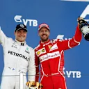 Race winner Bottas Mercedes AMG F1 and Vettel Ferrari celebrate on the podium at Formula One World Championship, Rd4, Russian Grand Prix, Race, Sochi Autodrom, Sochi, Krasnodar Krai, Russia, Sunday 30 April 2017. © Sutton Motorsport Images