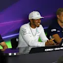 Max Verstappen (NED) Red Bull Racing, Lewis Hamilton (GBR) Mercedes AMG F1 and Marcus Ericsson (SWE) Sauber in the Press Conference at Formula One World Championship, Rd5, Spanish Grand Prix, Preparations, Barcelona, Spain, Thursday 11 May 2017. © Sutton