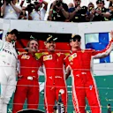 (L to R): Lewis Hamilton (GBR) Mercedes-AMG F1, Sebastian Vettel (GER) Ferrari and Kimi Raikkonen (FIN) Ferrari celebrate on the podium at Formula One World Championship, Rd1, Australian Grand Prix, Race, Melbourne, Australia, Sunday 25 March 2018. © Manuel Goria/Sutton Images