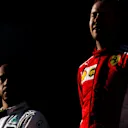 Lewis Hamilton (GBR) Mercedes-AMG F1 and Sebastian Vettel (GER) Ferrari on the podium at Formula One World Championship, Rd1, Australian Grand Prix, Race, Melbourne, Australia, Sunday 25 March 2018. © Daniel Kalisz/Sutton Images