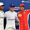 (L to R): Lewis Hamilton (GBR) Mercedes-AMG F1, Valtteri Bottas (FIN) Mercedes-AMG F1 and Sebastian Vettel (GER) Ferrari celebrate in parc ferme at Formula One World Championship, Rd9, Austrian Grand Prix, Qualifying, Spielberg, Austria, Saturday 30 June 2018. © Mark Sutton/Sutton Images