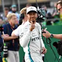 Lewis Hamilton (GBR) Mercedes-AMG F1 celebrates in parc ferme at Formula One World Championship, Rd4, Azerbaijan Grand Prix, Qualifying, Baku City Circuit, Baku, Azerbaijan, Saturday 28 April 2018. © Jerry Andre/Sutton Images