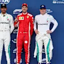 Lewis Hamilton (GBR) Mercedes-AMG F1, Sebastian Vettel (GER) Ferrari and Valtteri Bottas (FIN) Mercedes-AMG F1 in parc ferme at Formula One World Championship, Rd4, Azerbaijan Grand Prix, Qualifying, Baku City Circuit, Baku, Azerbaijan, Saturday 28 April 2018. © James Gasperotti/Sutton Images