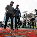 Fernando Alonso (ESP) McLaren and Sergio Perez (MEX) Force India on the drivers parade at Formula One World Championship, Rd4, Azerbaijan Grand Prix, Race, Baku City Circuit, Baku, Azerbaijan, Sunday 29 April 2018. © James Gasperotti/Sutton Images