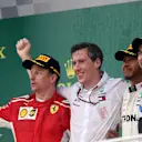 Kimi Raikkonen (FIN) Ferrari, Lewis Hamilton (GBR) Mercedes-AMG F1 and Sergio Perez (MEX) Force India celebrate on the podium at Formula One World Championship, Rd4, Azerbaijan Grand Prix, Race, Baku City Circuit, Baku, Azerbaijan, Sunday 29 April 2018. © James Gasperotti/Sutton Images