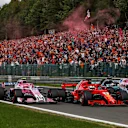Esteban Ocon, Racing Point Force India VJM11, Sebastian Vettel, Ferrari SF71H, Lewis Hamilton, Mercedes AMG F1 W09 and Sergio Perez, Racing Point Force India VJM11 battle on lap one at Formula One World Championship, Rd13, Belgian Grand Prix, Race, Spa Francorchamps, Belgium, Sunday 26 August 2018. © Manuel Goria/Sutton Images