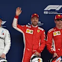 (L to R): Valtteri Bottas (FIN), pole sitter Sebastian Vettel (GER) and Kimi Raikkonen (FIN) celebrate in parc ferme at F1 World Championship, Rd3, Chinese Grand Prix, Qualifying, Shanghai, China, Saturday 14 April 2018. © Simon Galloway/Sutton Images