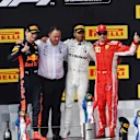 Max Verstappen (NED) Red Bull Racing, Ron Meadows (GBR) Mercedes AMG F1 Team Manager, Lewis Hamilton (GBR) Mercedes-AMG F1 and Kimi Raikkonen (FIN) Ferrari celebrate on the podium at Formula One World Championship, Rd8, French Grand Prix, Race, Paul Ricard, France, Sunday 24 June 2018. © Jerry Andre/Sutton Images