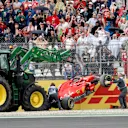 The crashed car of Sebastian Vettel (GER) Ferrari SF-71H is recovered at Formula One World Championship, Rd11, German Grand Prix, Race, Hockenheim, Germany, Sunday 22 July 2018. © Glenn Dunbar/LAT/Sutton Images