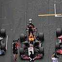 Race winner Daniel Ricciardo (AUS) Red Bull Racing RB14 celebrates in parc ferme with Lewis Hamilton (GBR) Mercedes-AMG F1 W09 EQ Power+ and Sebastian Vettel (GER) Ferrari SF-71H at Formula One World Championship, Rd6, Monaco Grand Prix, Race, Monte-Carlo