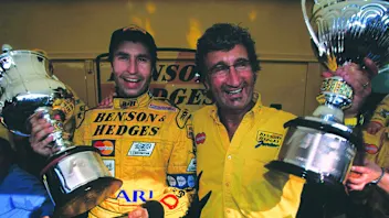 1999 Italian Grand Prix.
Monza, Italy.
10-12 September 1999.
Heinz-Harald Frentzen (Jordan Mugen Honda) and team boss Eddie Jordan celebrate their victory.
Ref-99 ITA 04.
World Copyright - LAT Photographic