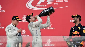 Valtteri Bottas (FIN) Mercedes AMG F1,  Lance Stroll (CDN) Williams and Daniel Ricciardo (AUS) Red