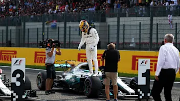 Pole sitter Lewis Hamilton (GBR) Mercedes-Benz F1 W08 Hybrid in parc ferme at Formula One World