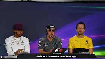 (L to R): Lewis Hamilton (GBR) Mercedes AMG F1, Fernando Alonso (ESP) McLaren and Jolyon Palmer