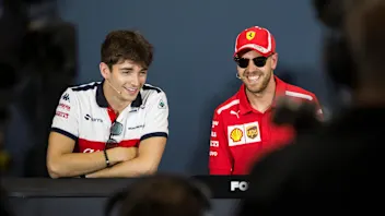 Charles Leclerc (MON) Alfa Romeo Sauber F1 Team and Sebastian Vettel (GER) Ferrari in the Press
