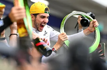 SAO PAULO, BRAZIL - NOVEMBER 03: Second placed Esteban Ocon of France and Alpine F1 celebrates with