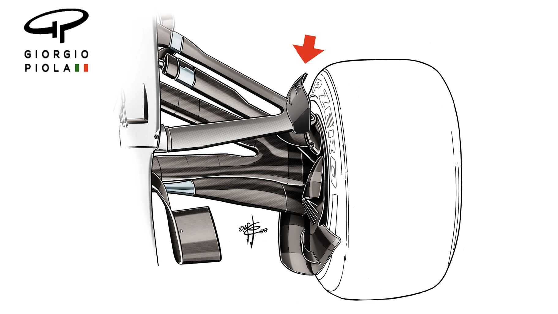 The small guide vane on Mercedes' front suspension appears to take inspiration from similar features seen on the Toro Rosso and Sauber. © Giorgio Piola