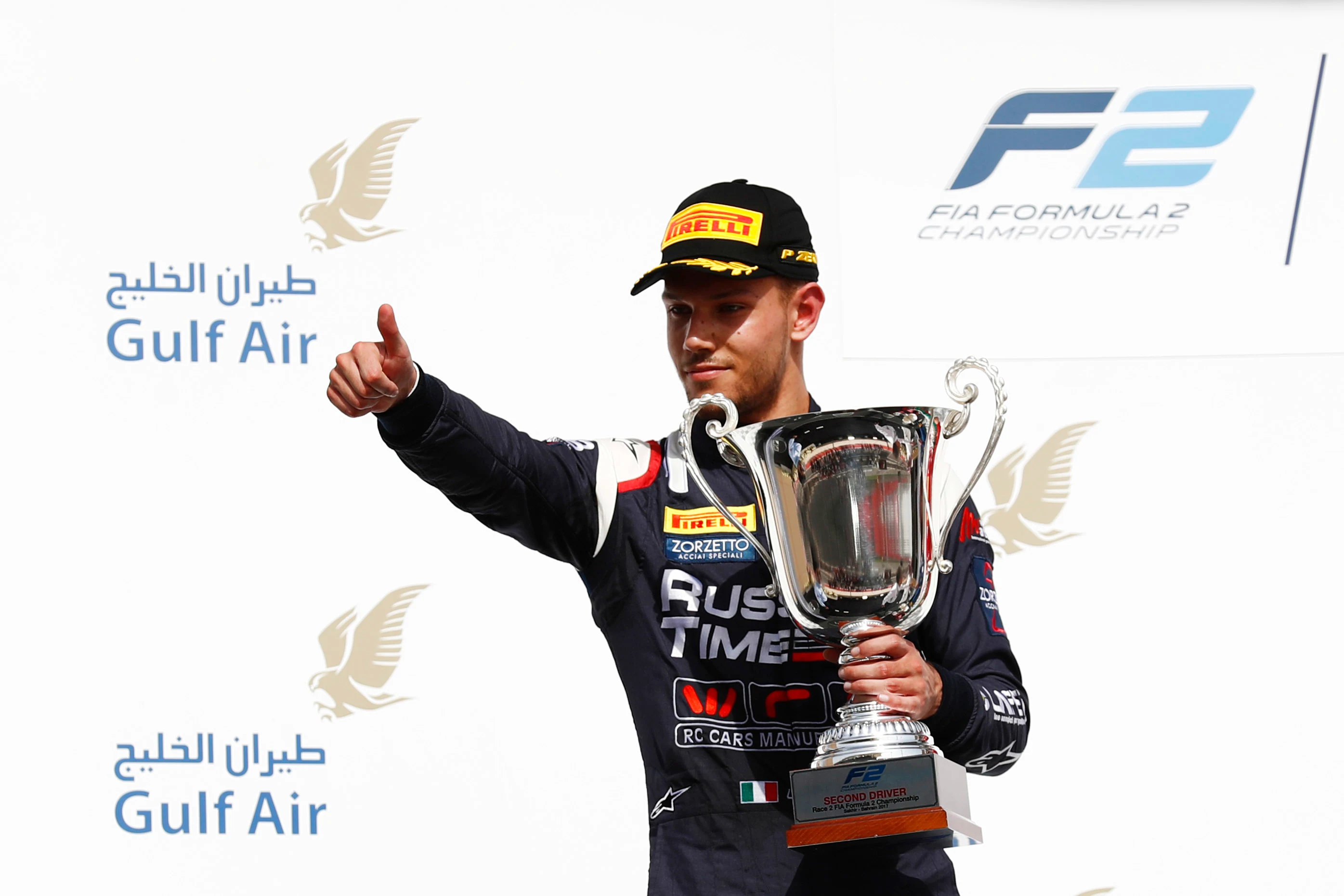 www.sutton-images.com
Second placed Luca Ghiotto (ITA) Russian celebrates on the podium with the
