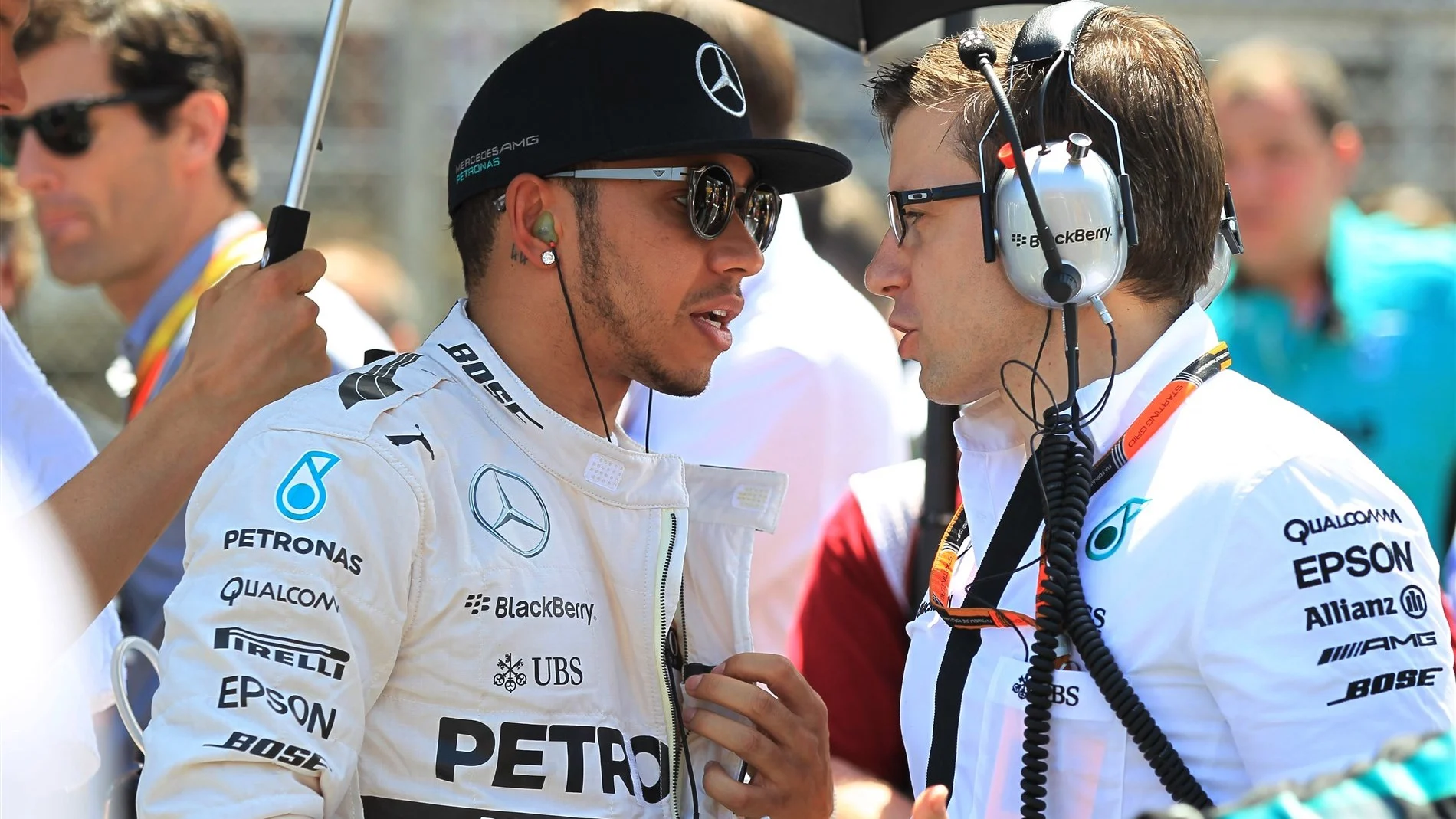 Lewis Hamilton (GBR) Mercedes AMG F1 on the grid with his race engineer Peter Bonnington (GBR) at Formula One World Championship, Rd5, Spanish Grand Prix Race, Barcelona, Spain, Sunday 10 May 2015. &copy; Sutton Motorsport Images