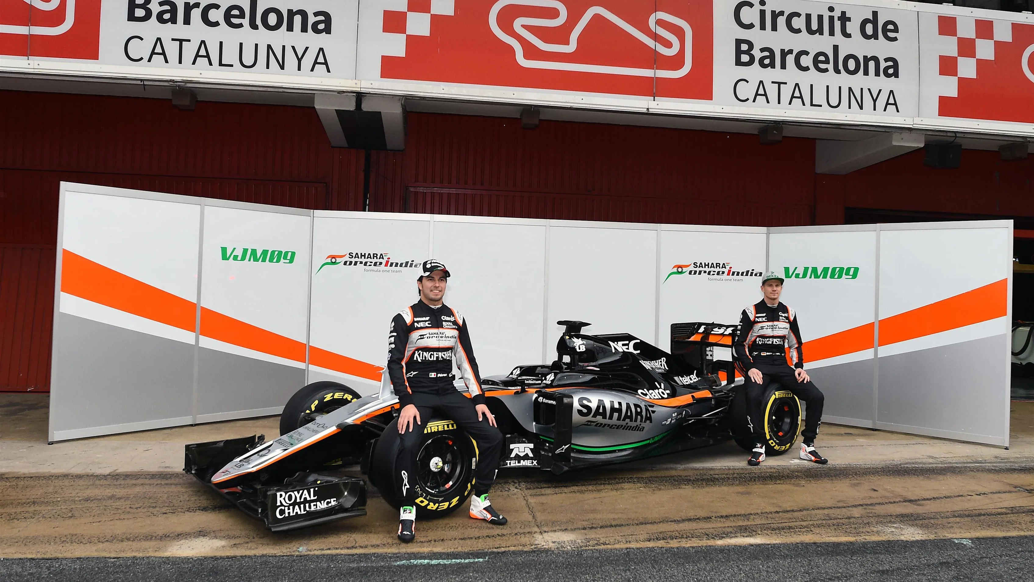 Sergio Perez (MEX) Force India and Nico Hulkenberg (GER) Force India F1 with the Force India VJM09 at Formula One Testing, Day One, Barcelona, Spain, Monday 22 February 2016. &copy; Sutton Motorsport Images