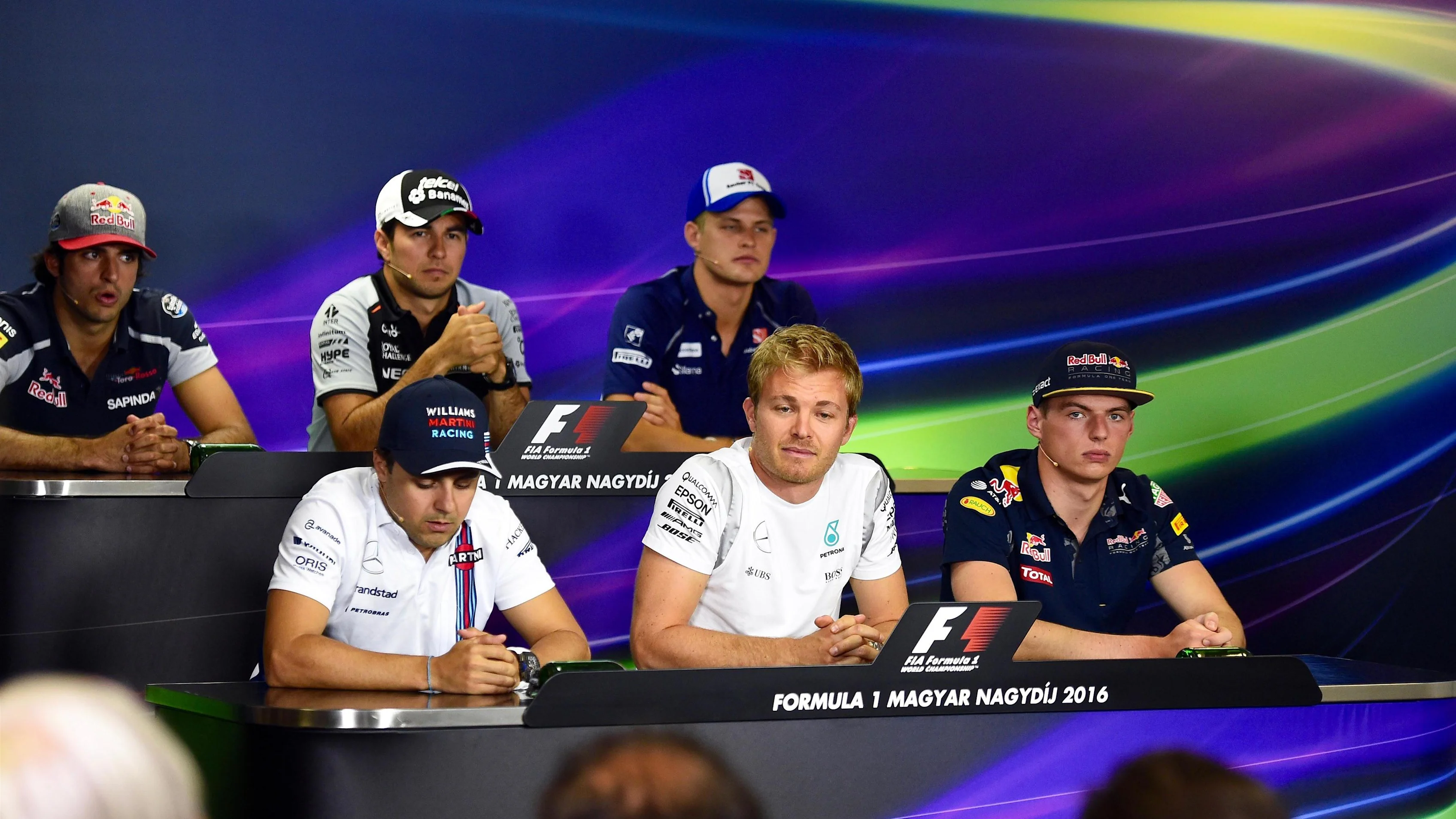 (L to R): Carlos Sainz jr (ESP) Scuderia Toro Rosso, Sergio Perez (MEX) Force India, Marcus Ericsson (SWE) Sauber, Felipe Massa (BRA) Williams, Nico Rosberg (GER) Mercedes AMG F1 and Max Verstappen (NED) Red Bull Racing in the Press Conference at Formula One World Championship, Rd11, Preparations, Hungaroring, Hungary, Thursday 21 July 2016. &copy; Sutton Images