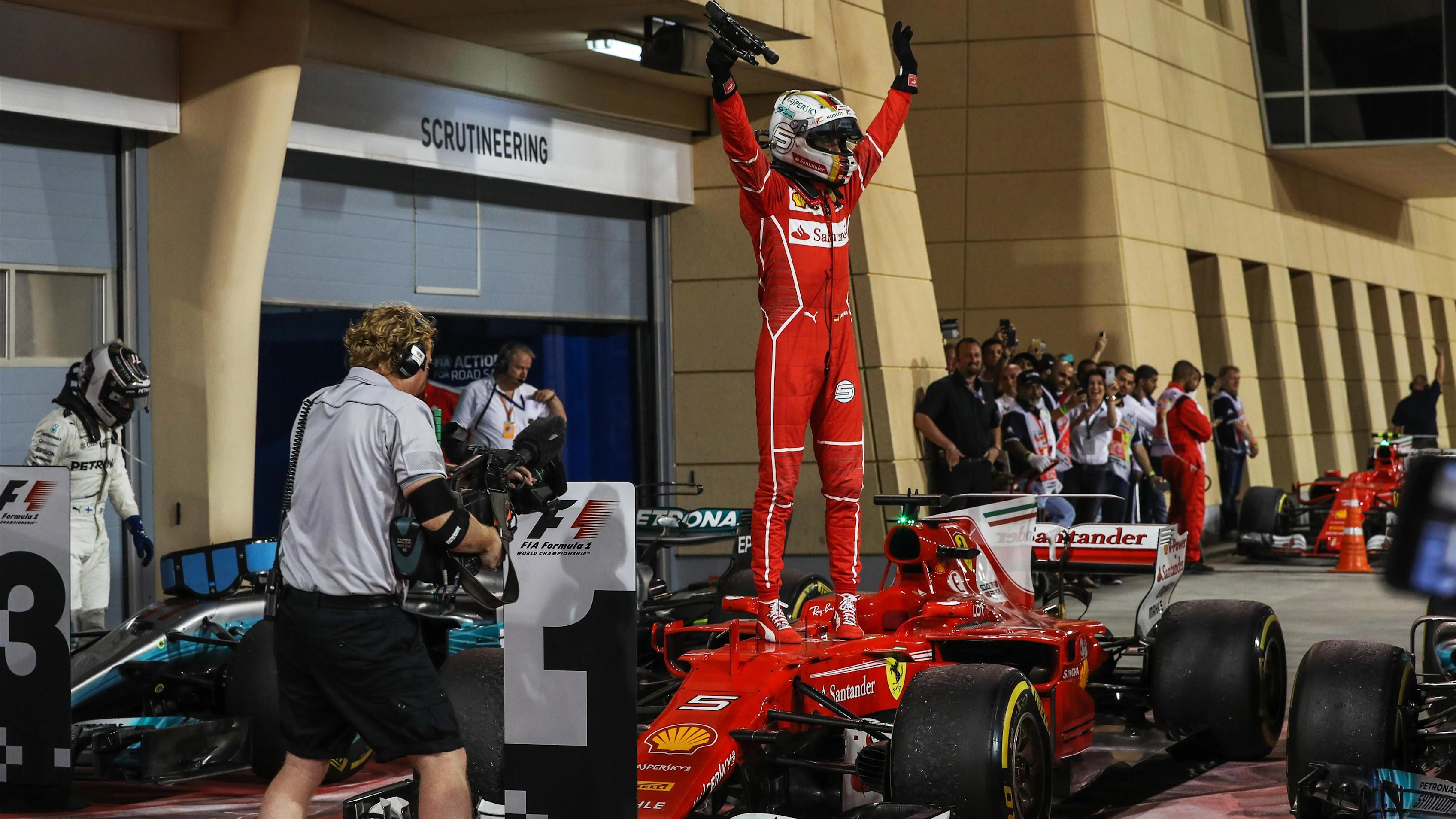 Race winner Sebastian Vettel (GER) Ferrari SF70-H celebrates in parc ferme at Formula One World Championship, Rd3, Bahrain Grand Prix Race, Bahrain International Circuit, Sakhir, Bahrain, Sunday 16 April 2017. © Sutton Motorsport Images