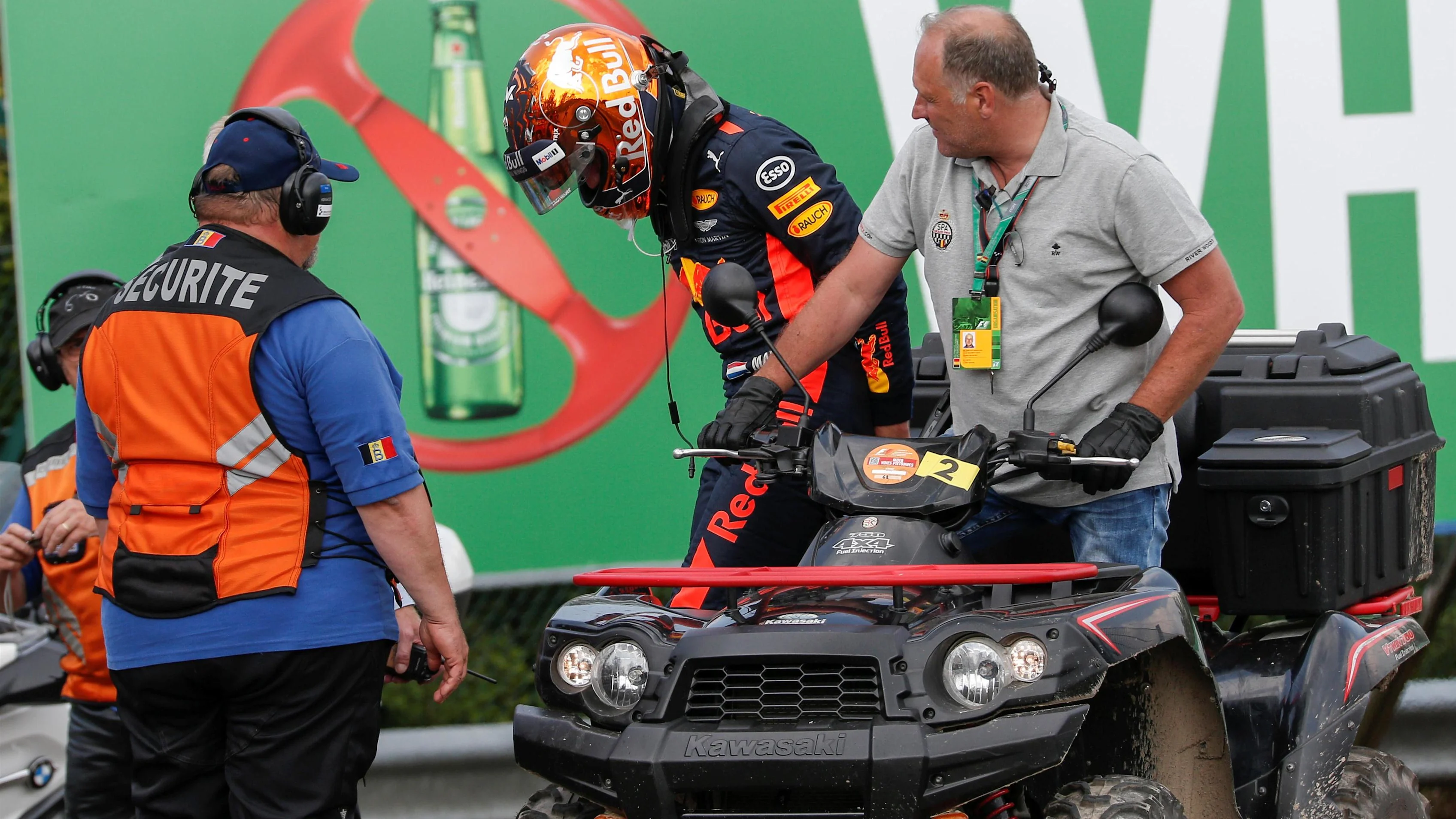 Race retiree Max Verstappen (NED) Red Bull Racing with Race Marshals and Security after stopping on track at Formula One World Championship, Rd12, Belgian Grand Prix, Race, Spa Francorchamps, Belgium, Sunday 27 August 2017. © Sutton Images