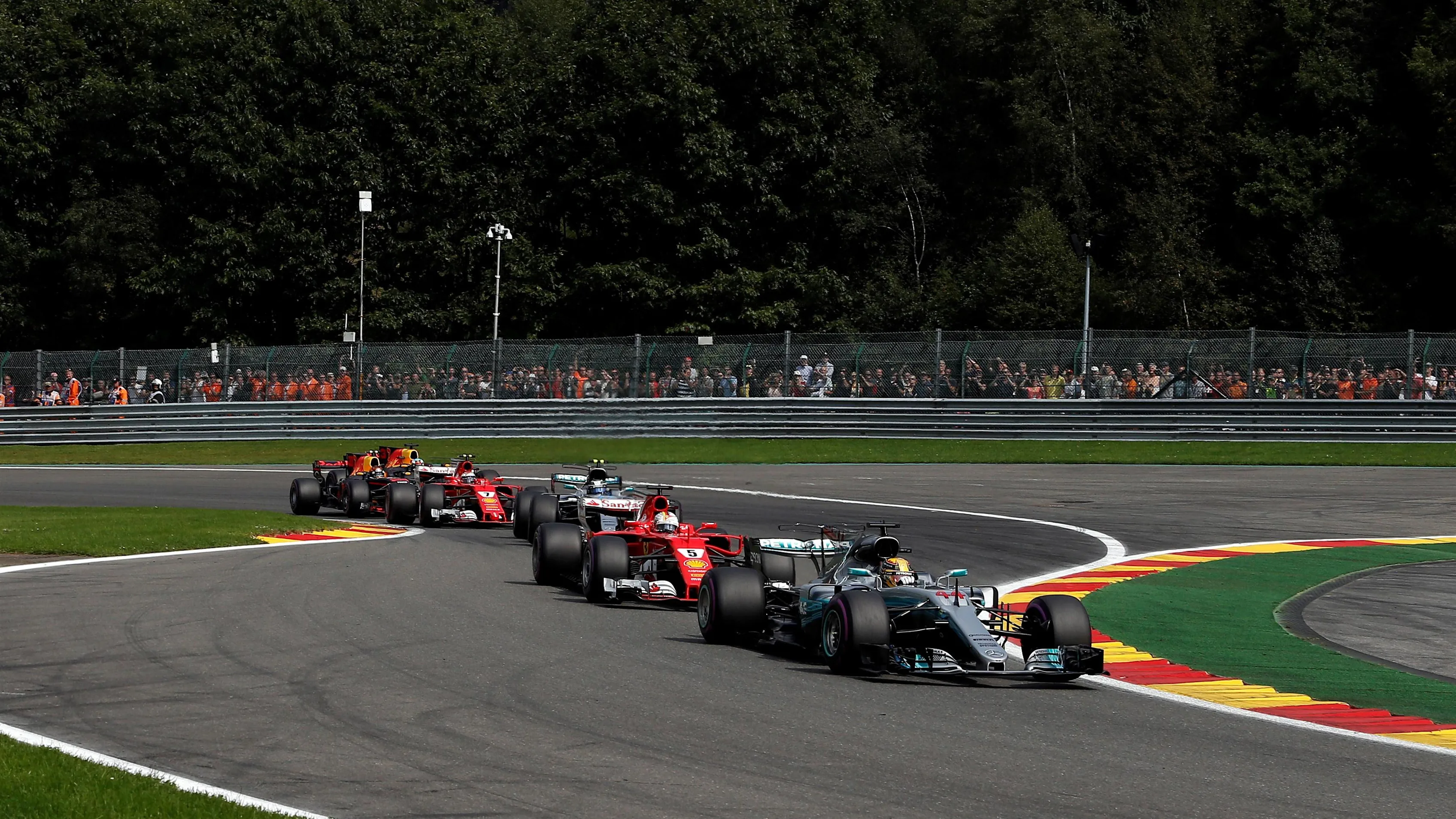 Lewis Hamilton (GBR) Mercedes-Benz F1 W08 Hybrid leads at the start of the race at Formula One