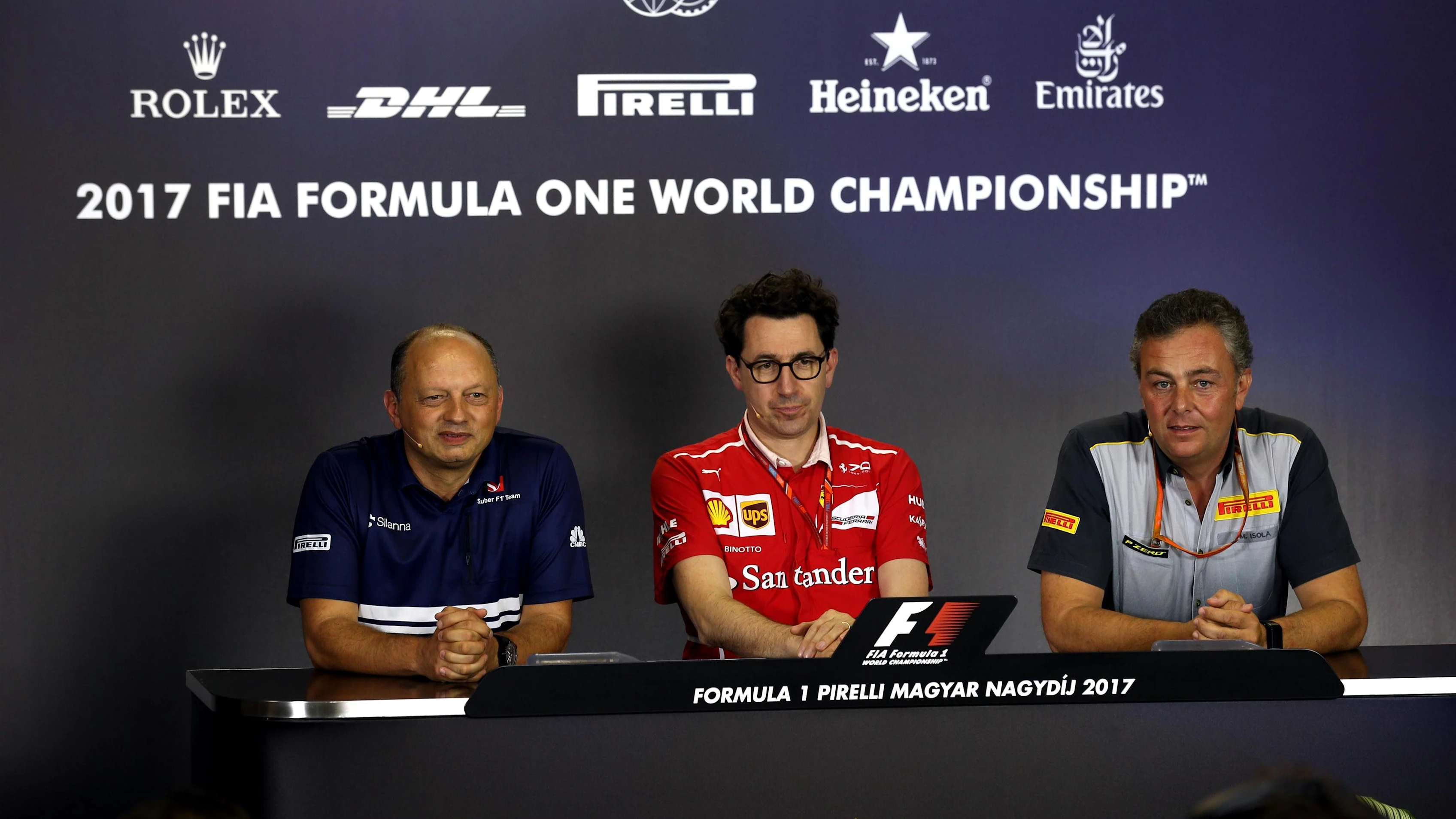 Frederic Vasseur (FRA) Sauber Team Principal, Mattia Binotto (ITA) Ferrari Chief Technical Officer and Mario Isola (ITA) Pirelli Sporting Director in the Press Conference at Formula One World Championship, Rd11, Hungarian Grand Prix, Practice, Hungaroring, Hungary, Friday 28 July 2017. © Sutton Images