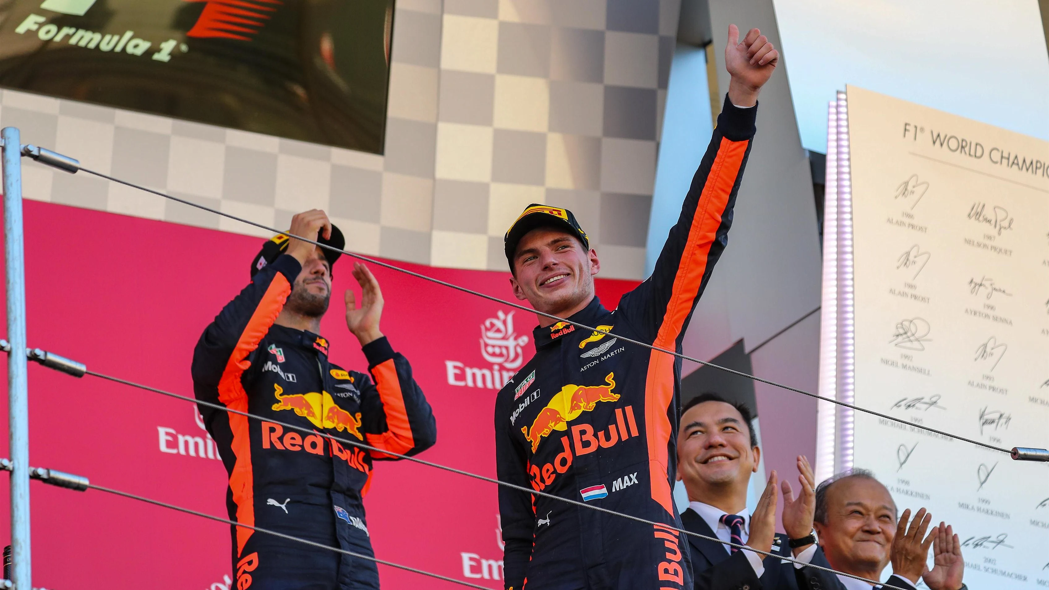 Max Verstappen (NED) Red Bull Racing celebrates on the podium at Formula One World Championship,
